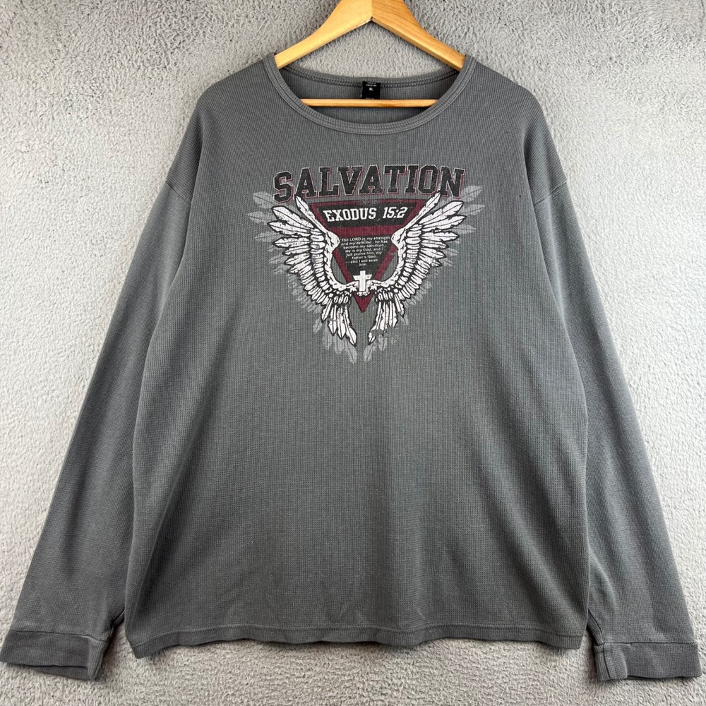 Y2K Salvation Exodus 15:2 Christian Graphic Thermal Shirt Mens XL Long Sleeve